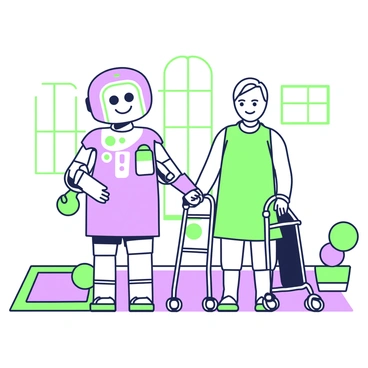 A friendly patient assistance robot is standing beside a person in a rehabilitation center. The robot has a sleek design with rounded edges and is equipped with arms that are gently reaching out. The person has a determined expression and is using a walker for support. Around them, there are various rehabilitation equipment pieces, including mats and exercise balls. In the background, there are windows allowing light to enter, creating an inviting atmosphere. The robot is positioned to provide support while the person practices their movements.