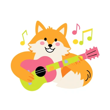 A cartoon-style illustration of a fox face with bright orange fur and white markings. The fox has large, expressive eyes and a joyful expression, with a wide smile showing its teeth. It is holding a colorful acoustic guitar, positioned at an angle that showcases the instrument's body and neck. The fox's ears are perked up, and musical notes are floating around its head, indicating the lively music it is playing. The background features simple, colorful shapes to enhance the cheerful atmosphere of the scene.