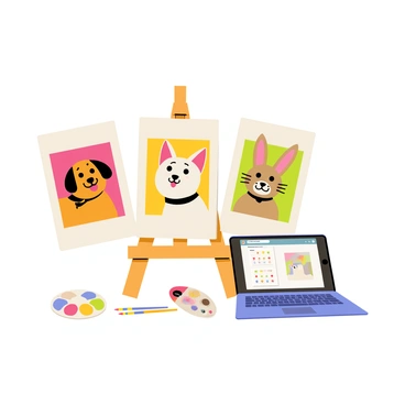 A cartoon-style illustration showing a series of animal portraits being painted on a wooden easel. The first portrait features a dog with a joyful expression, its tongue out and eyes wide. The second portrait displays a cat with a curious look, its head tilted to one side. The third portrait depicts a rabbit with a surprised expression, its ears perked up and eyes bulging. Each portrait is set against a colorful background, and there are paintbrushes and a palette with vibrant colors scattered around the easel. The Krita interface is visible on a nearby laptop, showing an open canvas with digital tools.