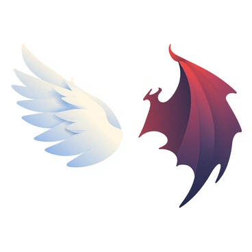 An illustration features two wings displayed prominently. On the left, there is an angelic wing, large and feathered, with soft white feathers that have a subtle iridescent sheen. The wing is gracefully shaped, with feathers displaying a delicate texture and luminous glow. On the right, a demonic wing appears with a darker and more jagged design. It is bat-like, with a deep crimson color and a leathery texture. The wing is positioned in a stark contrast to the angelic wing, showcasing sharp edges and a sinister appearance. The background is a gentle gradient transitioning from light to dark, emphasizing the contrasting nature of the wings.