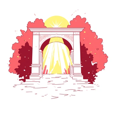 A white gate stands tall with intricate, ornate designs engraved on its surface. Surrounding the gate is a radiant aura that glows in both red and yellow hues. The light appears soft and ethereal, casting gentle reflections on the gate. Wisps of light swirl around the area, creating a sense of movement. The atmosphere is filled with a sense of grandeur and serenity, inviting observers to approach the gate.