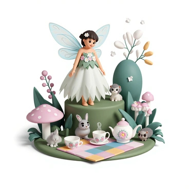 A fairy, with delicate transparent wings shimmering in shades of iridescent blue and green, is standing on a moss-covered tree stump. She is wearing a flowing dress made of leaves and petals, adorned with tiny wildflowers in her hair. Surrounding her are various woodland creatures, including a curious rabbit with soft gray fur, a bright-eyed squirrel with bushy tail, and a small hedgehog nestled beside a teacup. A whimsical tea set, featuring intricate floral patterns, is laid out on a colorful patchwork cloth, with steaming cups and a teapot that has a flower-shaped lid. The scene is filled with vibrant greenery, colorful mushrooms, and dappled sunlight filtering through the trees.