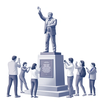 A bronze statue of "Cesar Chavez" stands prominently on a raised pedestal. The statue depicts him in a dynamic pose, with one hand raised as if addressing a crowd. A plaque at the base features engraved text detailing his contributions. Around the statue, several visitors gather, each capturing the moment with their cameras and smartphones. Some individuals have wide smiles, while others appear contemplative. The scene showcases a blend of admiration and respect as people engage with the monument.