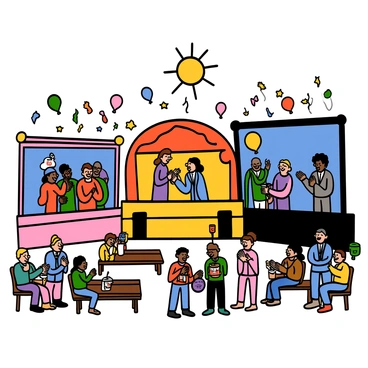A vibrant outdoor comedy festival scene featuring multiple stages with colorful banners and lights. Various performers are on stage, entertaining the audience with their comedic acts. Groups of people of diverse backgrounds are laughing and clapping, some are holding drinks and snacks. There are picnic tables set up around the stages where others are seated, enjoying the atmosphere. Balloons and streamers decorate the area, adding to the festive vibe. The sun is shining brightly in a clear blue sky.