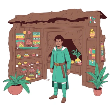 A teal conquistador wearing traditional armor is standing inside a rustic village hut. He gazes in admiration at a collection of intricate native artifacts displayed on wooden shelves. The artifacts include beautifully crafted pottery, colorful woven textiles, and ornate jewelry. The hut's walls are made of natural materials, with soft lighting illuminating the artifacts. A few native plants in pots are placed around the space, adding to the vibrant atmosphere. The conquistador's expression reflects curiosity and respect for the artistry before him.