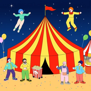 A vibrant circus scene featuring a large, striped big top tent in the center, illuminated by twinkling stars in the night sky above. Two acrobats, one with bright blue hair and a turquoise leotard, and the other with fiery red hair and a yellow outfit, are performing a thrilling aerial act high above the ground. Several clowns with painted faces, wearing oversized shoes and colorful costumes, are entertaining the audience with large smiles and playful antics. There are balloons in various colors scattered around, and a popcorn stand with a cheerful vendor wearing a striped apron. The ground is covered in a mix of sawdust and colorful confetti, adding to the festive atmosphere.