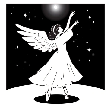 A graceful angel with flowing white robes is performing ballet on a dark stage. The angel has delicate, shimmering wings that stretch out elegantly behind her. Above, a bright celestial spotlight illuminates her, creating a contrast with the surrounding darkness. The floor is smooth and reflective, mirroring her perfect pose as she dances, with her arms lifted gracefully in the air. Surrounding the scene are faint, twinkling stars in the background, adding to the ethereal ambiance of the performance.