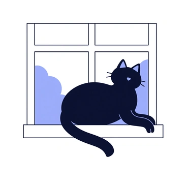 A silhouette of a cat with a long tail sitting gracefully on a windowsill. The cat's ears are upright, and its body is relaxed. Behind the cat, there is a window with several panes, allowing a faint outline of outside trees to be seen. The contrasting light from outside creates a striking outline of the cat against the window. The windowsill is simple and flat, with no additional decorations.