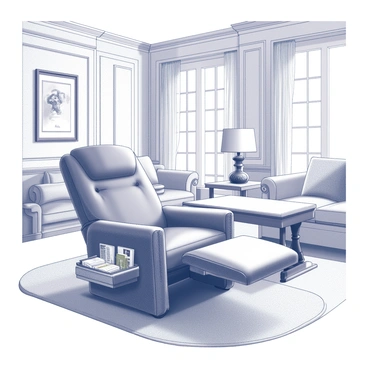 An opulent leather recliner is centrally positioned in a lavish living room. The recliner features a plush footrest extended and a side pocket filled with magazines. Surrounding the chair, there are elegant furnishings, including a large coffee table and an ornate rug underneath. The walls are adorned with intricate moldings, and there are tall windows allowing soft light to enter the room. The overall ambiance reflects luxury and comfort.