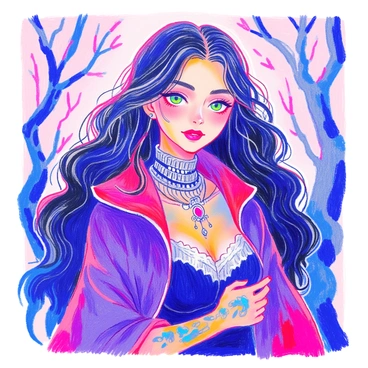 A witch with long, flowing black hair is depicted in a detailed portrait. Her skin is pale and has an otherworldly glow. She has sharp cheekbones and piercing green eyes that convey a powerful gaze. Her lips are painted dark red, and she has a mystical tattoo on her left arm. She wears a deep purple cloak that drapes elegantly around her shoulders, and intricate silver jewelry adorns her neck and ears. In the background, there are faint silhouettes of twisted trees, adding to her captivating presence.