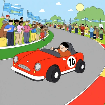 A small car racing on a track, with cheering spectators and colorful flags in the background