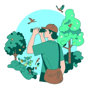 A teal nature lover is wearing a green shirt and a brown cap while observing birds through binoculars. The person has a brown sac-à-dos resting against their leg. Around them, various trees with green leaves and colorful flowers surround the scene. A few birds can be seen perched on branches nearby, and the sky above is a clear blue. The nature lover appears focused, scanning the area for more birds to observe.