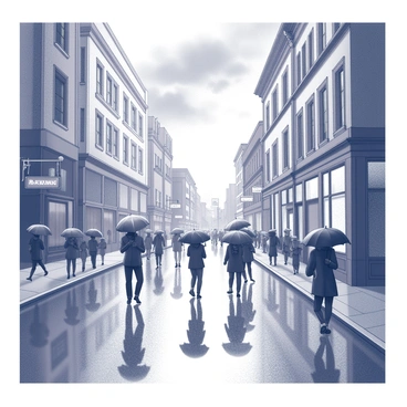 A city street during rain. The pavement is slick and glistening, with reflections of buildings and streetlights visible in the water. Several umbrellas are opened, held by pedestrians as they walk along the street. Some people are hurrying, while others stroll leisurely under their umbrellas. The architecture of the buildings is detailed, showcasing various facades with windows and doors. The sky is filled with dark clouds, suggesting ongoing rain. The overall composition captures the essence of a bustling city in wet weather.