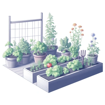 A rooftop garden featuring a diverse array of plants and vegetables. The garden includes containers of varying sizes, each filled with flourishing herbs such as basil and mint. Rows of leafy greens like lettuce and kale are planted in raised beds, alongside vibrant tomato plants with ripening fruit. There are also colorful flowers interspersed throughout the garden, enhancing the overall composition. A wooden trellis supports climbing plants, creating vertical interest. The space is inviting and well-maintained, with gardening tools resting nearby.