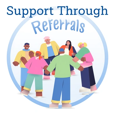 A group of diverse individuals is standing in a circle, all holding hands. The people vary in appearance, including different skin tones, hair types, and attire. They are smiling and looking at each other warmly, symbolizing unity and collaboration. Above the circle, the phrase “Support Through Referrals” is prominently displayed in bold, clear font. The background has a soft gradient that transitions from light blue at the top to white at the bottom, enhancing the sense of harmony in the image.
