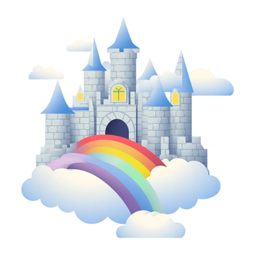 A grand castle with tall, pointed towers and large arched windows is perched on top of a fluffy white cloud. The castle is made of shimmering stones that reflect the light, giving it a magical appearance. A vibrant rainbow bridge, with distinct colors of red, orange, yellow, green, blue, and purple, leads from the ground up to the castle entrance. The bridge is broad and slightly curved, adding to the enchanting scene. Soft, billowy clouds surround the castle, creating a dreamy atmosphere. The sky is a bright blue, dotted with small white clouds.