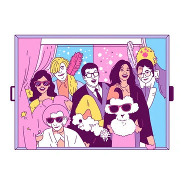 A group of guests is posing in a wedding photo booth, each holding various funny props such as oversized sunglasses, feather boas, and playful hats. The guests are wearing bright and cheerful clothing, creating a lively atmosphere. Behind them, there are multiple colorful backdrops featuring patterns and designs, adding a festive touch to the scene. The expressions on the guests' faces are joyful and playful, capturing the celebratory spirit of the occasion.