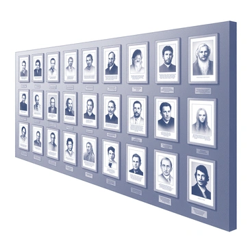 A tribute wall in a museum featuring a series of framed portraits. Each portrait captures a different famous artist from throughout history, displayed in an organized grid layout. The portraits vary in size but all are neatly aligned. Some portraits depict artists with distinctive features, such as a prominent beard or unique hairstyle. The wall is adorned with small plaques beneath each portrait, providing the name and a brief description of each artist's contribution to the art world. The background is a simple, neutral texture that enhances the focus on the portraits.