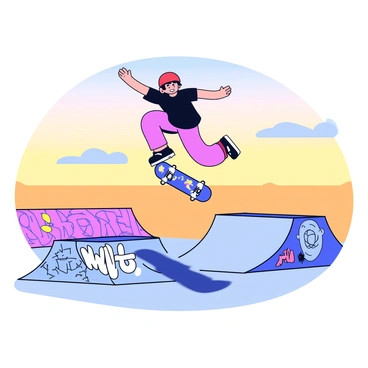 A skateboarder is mid-air performing a trick above a ramp in an empty skatepark. The skateboarder is wearing a bright red helmet and a black t-shirt, with their skateboard painted in colorful designs. The ramps are covered in vibrant graffiti, showcasing various artistic tags and designs. The sky at dawn is a gradient of soft oranges and pale blues, casting a gentle light over the scene. Shadows from the ramps stretch across the ground, highlighting the smooth concrete surface of the skatepark.