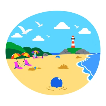 A bright seaside scene featuring a sandy beach with small waves gently lapping at the shore. The sky is a vivid blue with fluffy white clouds scattered across it. Colorful beach umbrellas are dotted along the sand, and a few children are building sandcastles nearby. A vibrant blue beach ball is resting on the sand, while seagulls fly overhead. Nautical elements like a red and white striped lighthouse can be seen in the distance, surrounded by green grass and rocks. The scene is filled with lively colors and textures, creating a joyful atmosphere.