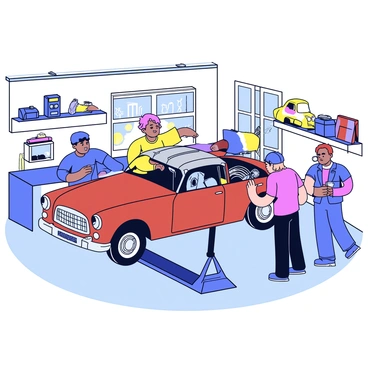 A cozy workshop filled with tools and workbenches. In the center stands a rusty vintage car on a lift, showing its worn-out body and faded paint. A team of three enthusiasts is gathered around the car. One person is focused on removing parts, another is polishing the surface, and the third is inspecting the engine. The walls are lined with shelves holding car parts and memorabilia. Sunlight streams through a window, illuminating the scene.