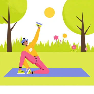 A person performing side-lying leg raises on a colorful yoga mat. The individual is wearing a bright athletic outfit and is positioned on their side, lifting one leg upward. The surrounding park is filled with lush green grass and several trees providing shade. The sun is shining brightly, casting soft shadows on the mat. In the background, there are a few blooming flowers adding pops of color to the scene.