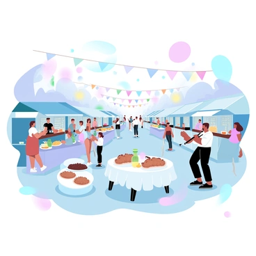 A lively street festival scene filled with various food stalls offering an array of colorful dishes. Brightly colored decorations are hanging from above, creating a vibrant atmosphere. People are seen walking around, enjoying the festivities, while musicians play lively tunes near the center of the festival. Tables are set up with cheerful tablecloths adorned with snacks and drinks. Balloons in assorted colors float in the air, adding to the festive spirit.