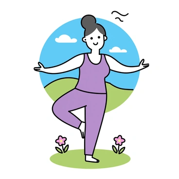 A plus-sized woman is in a graceful yoga pose, standing on one leg with the other leg bent and lifted. She is wearing a fitted purple yoga outfit and has her arms extended outwards for balance. The outdoor setting features a lush green lawn with blooming flowers around her. In the background, there are soft hills under a clear blue sky, with a few wispy clouds. The sunlight softly illuminates her figure, creating a calm atmosphere.