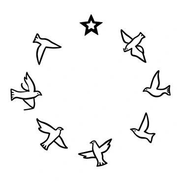 A circle of doves in flight, arranged in a circular formation around a shining star. The doves are depicted in various positions with their wings outstretched, capturing the dynamic motion of flight. The star is prominent in the center, radiating light outward. The background features a clear sky, providing a simple backdrop for the scene.
