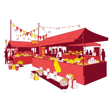 A red and yellow open-air market scene in Birmingham filled with various stalls. Each stall is adorned with vibrant displays of fresh produce, including fruits and vegetables. There are arrangements of bright flowers in pots and bouquets, adding a lively touch to the market. Customers are browsing the stalls, some carrying shopping bags filled with goods. In the background, there are people chatting and enjoying the atmosphere, while colorful banners flutter gently in the breeze.