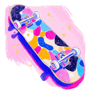 A skateboard deck features a series of interconnected abstract shapes in a monochrome palette. The shapes include sharp angles and smooth curves, creating a dynamic visual flow across the surface. There are varying patterns within the shapes, some filled with solid black and others with different shades of gray. The overall composition is balanced, with larger shapes contrasting against smaller ones, providing a sense of movement and energy. The edges of the skateboard are defined and polished, emphasizing the sleekness of the design.