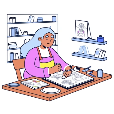 A woman sitting at a wooden drawing table, focused on her work. She has long, flowing hair and is wearing a colorful apron. In front of her, a sketchbook filled with whimsical illustrations of fairytale creatures and enchanted landscapes is open. Various art supplies, including colored pencils and watercolor paints, are scattered around the table. The room has shelves lined with books and small trinkets that inspire her creativity. A soft light illuminates the space, highlighting her concentration as she brings her imaginative drawings to life.