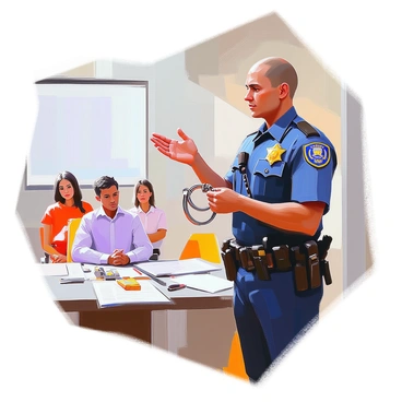 A safety officer with medium skin tone, wearing a navy blue uniform and a badge, is demonstrating the proper use of handcuffs in a training room. The officer stands confidently, holding a pair of shiny metal handcuffs in one hand while gesturing with the other to indicate the correct technique. The training room is equipped with a table displaying various safety equipment and instructional materials. A few trainees with attentive expressions are seated in the background, observing the demonstration closely. The lighting in the room is bright, highlighting the officer's focused demeanor.