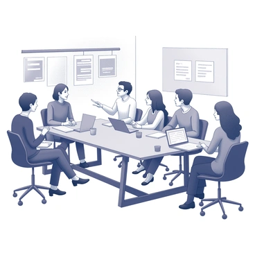 A group of five individuals is seated around a large rectangular table. They are engaged in a serious discussion about charity initiatives. Each person has a notepad and pen in front of them, jotting down ideas and notes. One individual is gesturing towards a document, likely highlighting key points, while another is listening attentively with a thoughtful expression. The table has a few open laptops, and there are cups of coffee placed around, indicating a collaborative atmosphere. The background features a wall adorned with posters related to charity events and community service.