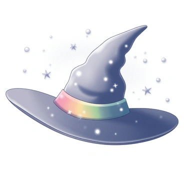 A large, ornate hat with a wide brim, featuring a colorful band wrapped around the base. The hat is suspended in mid-air, with no visible support. Surrounding the hat are numerous magical sparkles and small light orbs that appear to twinkle. The background is simple to emphasize the floating hat and the surrounding magical elements.