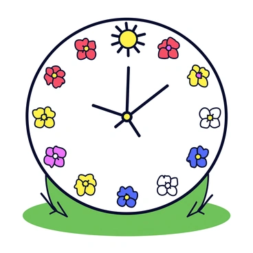 A garden clock designed with flower beds that represent each hour. The clock face is circular, surrounded by vibrant flower beds in various colors, including red, yellow, and blue. Each hour is marked by a distinct arrangement of flowers, with the number 12 at the top and the other numbers evenly spaced around the clock. The center of the clock features a decorative sun with rays extending outward. Green grass surrounds the clock, adding a natural contrast to the colorful flowers.