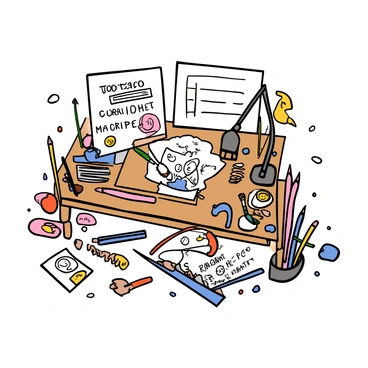 An artist's desk cluttered with sketches, pencils, and a toyotaro character design sheet