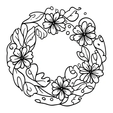 A detailed line illustration of various leaves and flowers arranged in a circular pattern