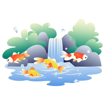A group of vibrant koi fish in shades of orange, white, and yellow are swimming gracefully near a small waterfall. The waterfall cascades over smooth rocks, sending droplets into the air that create ripples on the surface of the clear water. The surrounding area is lush with green foliage, adding a natural framing to the scene. Sunlight glints off the water, enhancing the bright colors of the koi as they glide through, their fins gently moving in the currents.