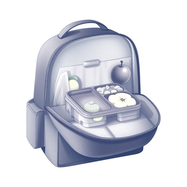 An open school bag placed on a flat surface. The bag is made of fabric with visible stitching and a zipper partially undone. Inside the bag, there is a neatly packed lunch box, designed with a secure lid and a compartment for snacks. Next to the lunch box, there are a few pieces of fruit, including an apple and a banana, arranged neatly. The interior of the bag shows some small pockets and a patterned lining. The overall scene conveys an organized and ready-for-school appearance.