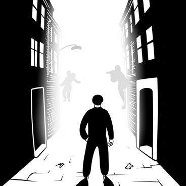 Woyzeck standing in a foggy alley, surrounded by a dense mist that partially obscures his silhouette. Ghostly figures from his past emerge from the fog, depicted as shadowy outlines in various poses around him. The alley is narrow, with brick walls on either side, and dim streetlights casting faint glows through the mist. A few scattered leaves lie on the cobblestone ground, adding to the eerie atmosphere. The overall scene conveys a sense of haunting and reflection.