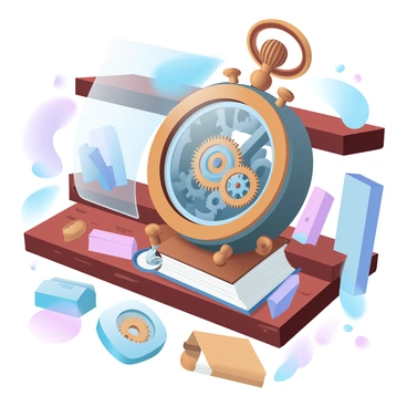 An ancient watch with intricate gears is placed prominently on a wooden shelf. The watch is surrounded by various small trinkets and old books. The gears inside the watch are visible through a glass cover, showcasing their detailed craftsmanship. The wooden shelf has a rich texture, with visible grain patterns and knots. Soft light casts gentle shadows across the scene, highlighting the watch and its components.