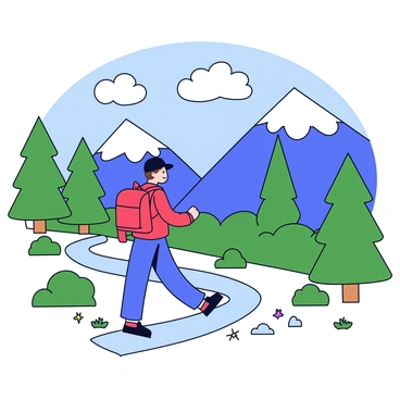 A person hiking on a narrow scenic trail. The hiker is wearing a red backpack and has a black cap on their head. Tall mountains rise majestically in the background, their peaks covered with white snow. Various green trees line the sides of the trail, with some small bushes and wildflowers scattered along the path. The sky above is clear with a few fluffy white clouds, creating a bright and inviting atmosphere. The hiker is looking ahead, fully immersed in the beauty of nature.