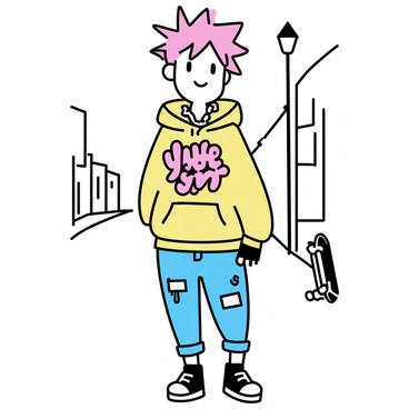 A young anime character, standing confidently on a city street, wears a vibrant oversized hoodie featuring a graffiti design. The character has spiky, brightly colored hair that adds to the urban aesthetic. They are sporting distressed denim jeans with patches and a pair of sleek high-top sneakers. Accessories include a chunky chain necklace and fingerless gloves. The background features simple outlines of urban buildings and elements like streetlamps and a skateboard leaning against a wall. The character has a playful, energetic expression, emphasizing their fashionable streetwear style.