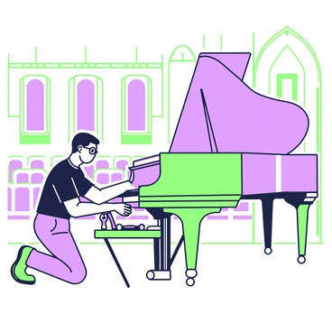A piano tuner is kneeling beside an open grand piano in a concert hall. The grand piano is polished and displays a rich, elegant design. The tuner is wearing a black shirt and glasses, intently focusing on the piano's strings. Tools are laid out neatly on a nearby table, including a tuning fork and various wrenches. In the background, rows of empty chairs are visible, and soft lighting highlights the piano's glossy surface. The concert hall features high ceilings with ornate architectural details and acoustic panels.