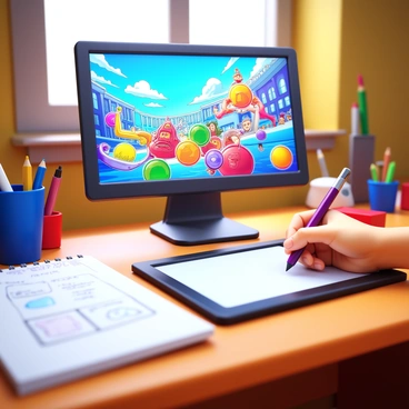 A comic book panel featuring a digital drawing workspace. A computer screen displays a colorful illustration in progress, showcasing characters and dynamic backgrounds. A stylus rests on a graphic tablet, with a hand positioned above, adding final touches. Various art supplies, such as markers and pencils, are scattered across the desk. A notebook with sketches and brainstorming notes is visible to the side. The room is filled with soft lighting, creating an inviting atmosphere for creativity.