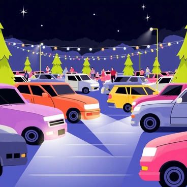 A parking lot filled with various cars, some in vibrant colors and others in sleek metallic shades. The headlights of the cars are turned on, casting bright beams of light that create intricate patterns on the pavement. The scene is alive with the glow of additional festival lights strung overhead, illuminating the atmosphere with a warm and festive ambiance. People can be seen mingling and enjoying the nighttime festivities, adding a sense of liveliness to the setting. The night sky is clear, showcasing a few twinkling stars above.