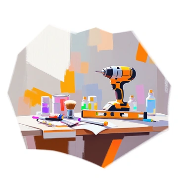 A home improvement scene depicting a cluttered workspace filled with various DIY tools. A power drill is prominently placed on a wooden workbench alongside a spirit level. Several paint supplies, including brushes and cans of different colors, are scattered around. In the background, there are partially painted walls, showing different shades of color. The scene conveys an atmosphere of ongoing renovation and creativity.