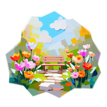 A vibrant garden scene created entirely from paper cutouts. The composition includes various colorful flowers with distinct shapes and patterns, set against a backdrop of lush green leaves. There are several layers of paper, with some cutouts overlapping to create depth. A bright blue sky is depicted with a few whimsical clouds cut from lighter paper, adding a playful element to the scene. A simple pathway winds through the garden, leading the viewer's eye toward a small paper bench situated among the flowers.
