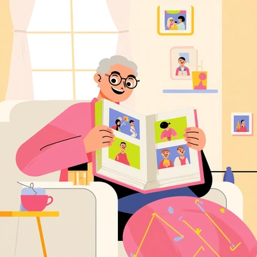 An elderly person with gray hair, wearing reading glasses, sits comfortably in a cozy armchair. They are holding an open photo album with colorful pages, filled with various photographs. The elderly person's face displays a gentle smile, and their eyes are glistening as they look at the joyful memories captured in the photos. The room around them is warmly lit, adorned with family pictures on the walls, and a small side table with a steaming cup of tea. A soft, patterned blanket is draped over their lap, creating a sense of warmth and nostalgia.